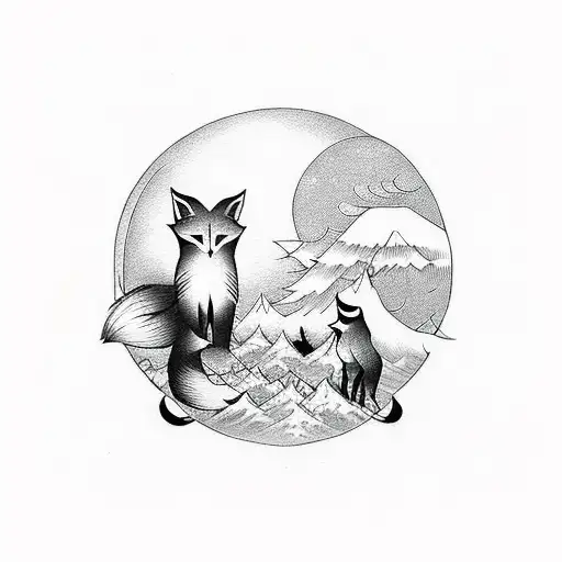 A fox and a murder of crows dancing under a full moon tattoo design idea