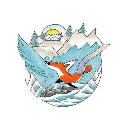A fox and a flock of crows soaring through the mountains tattoo design idea