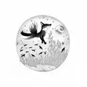 A fox and a murder of crows dancing under a full moon tattoo design idea