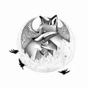 A fox and a murder of crows dancing under a full moon tattoo design idea