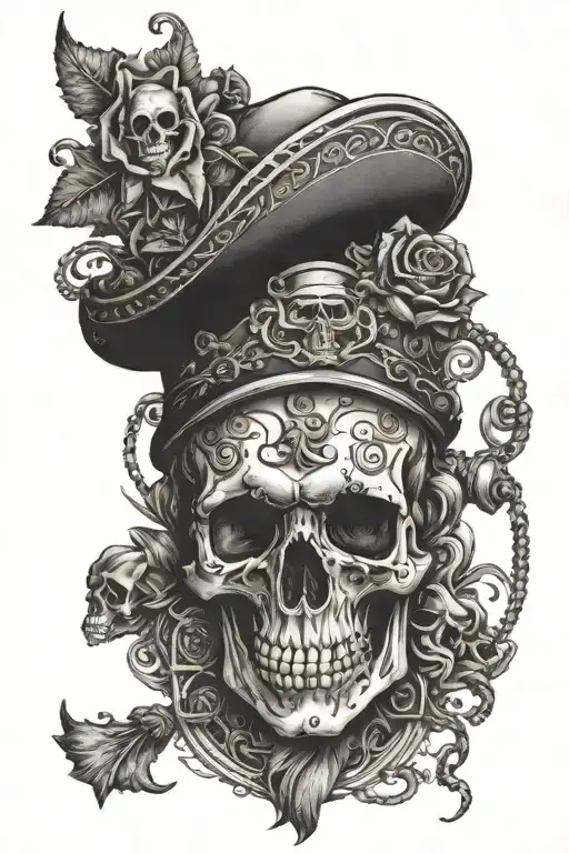 The skull holds the masks of omerta beneath it tattoo design idea