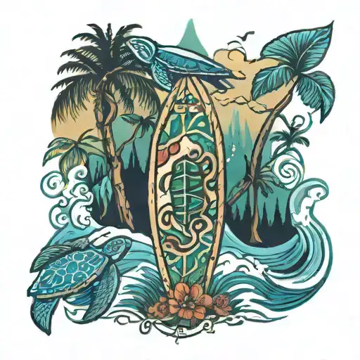 Hawaii turtle waves surfboard azores islands redwoods birch trees  tattoo design idea