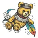 teddy bear blowing a feather with rainbow behind it   tattoo design idea