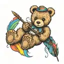 teddy bear blowing a feather with rainbow behind it   tattoo design idea