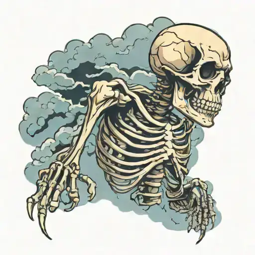 upper body of a skeleton ripping throughn clouds surrounding tattoo design idea