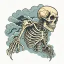 upper body of a skeleton ripping throughn clouds surrounding tattoo design idea