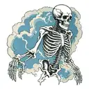 upper body of a skeleton ripping throughn clouds surrounding tattoo design idea