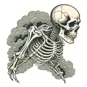 upper body of a skeleton ripping throughn clouds surrounding tattoo design idea
