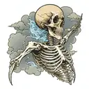upper body of a skeleton ripping throughn clouds surrounding tattoo design idea