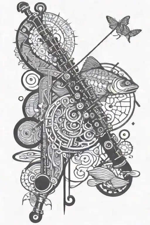 clarinet with fishing rod crossed tattoo design idea