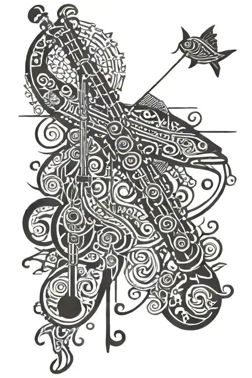 clarinet with fishing rod tattoo design idea