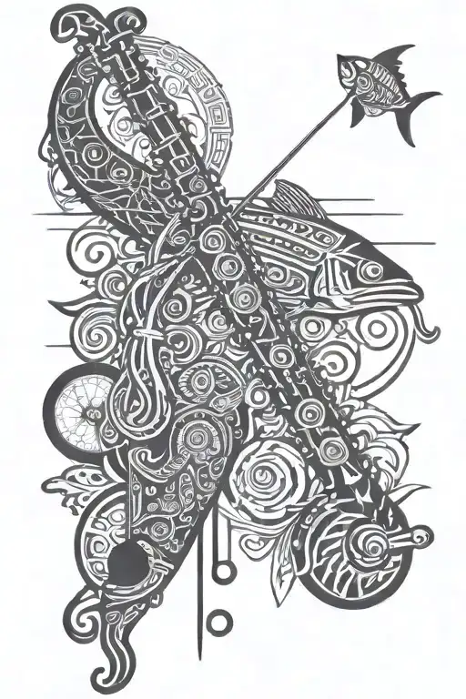 clarinet with fishing rod crossed tattoo design idea