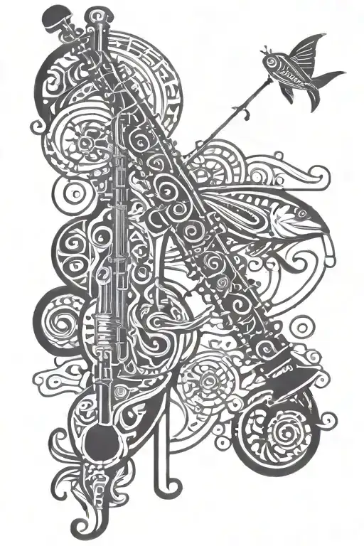 clarinet with fishing rod tattoo design idea