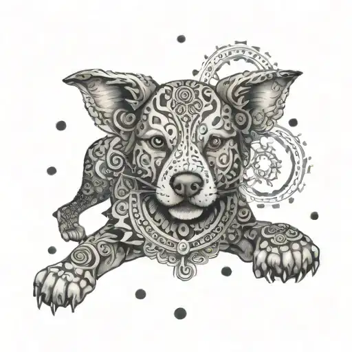 An intricate mandala design incorporating elements of kickboxing and nature, with a subtle dog motif tattoo design idea