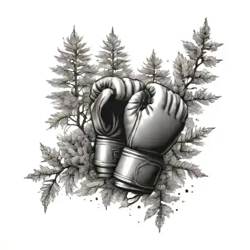 A serene forest scene with a hidden kickboxing glove among the trees tattoo design idea