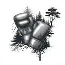 A serene forest scene with a hidden kickboxing glove among the trees tattoo design idea