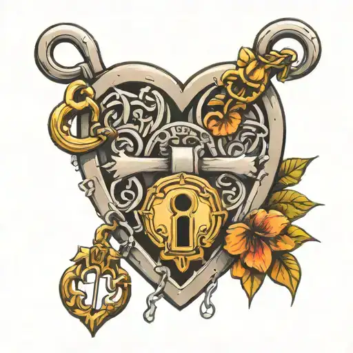 heart shaped lock and key intertwined tattoo design idea
