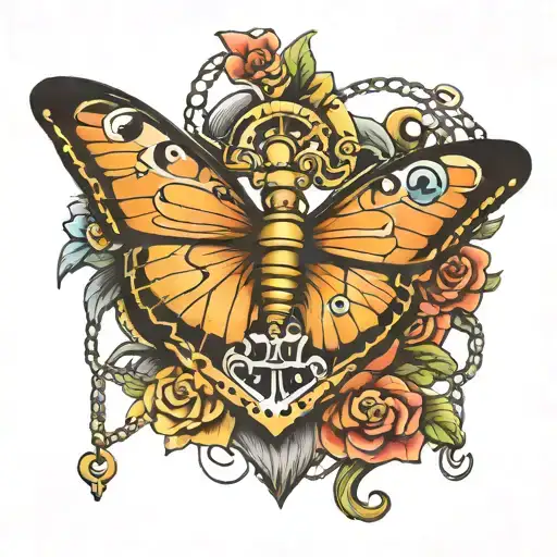 heart shape lock anchor butterfly resting tattoo design idea