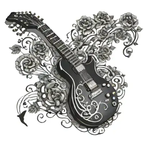 A realistic black electric guitar with intricate metal music notes intertwined with bird silhouettes perched on the strings tattoo design idea