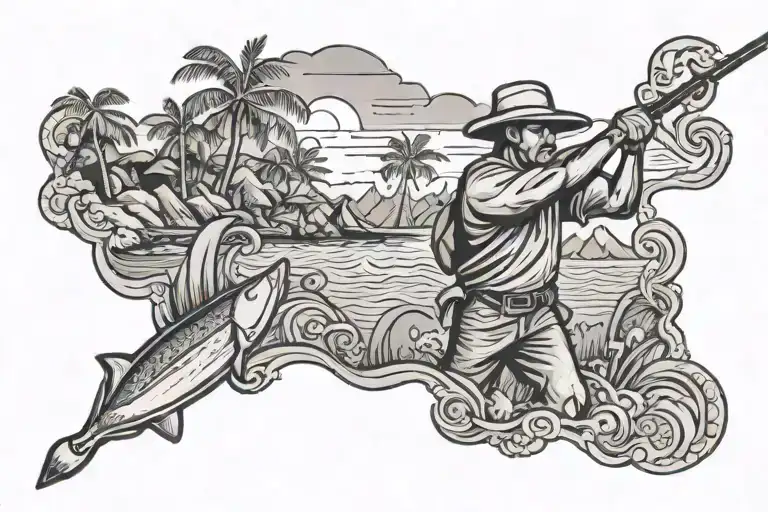 Philippine island with man fishing rod tattoo design idea
