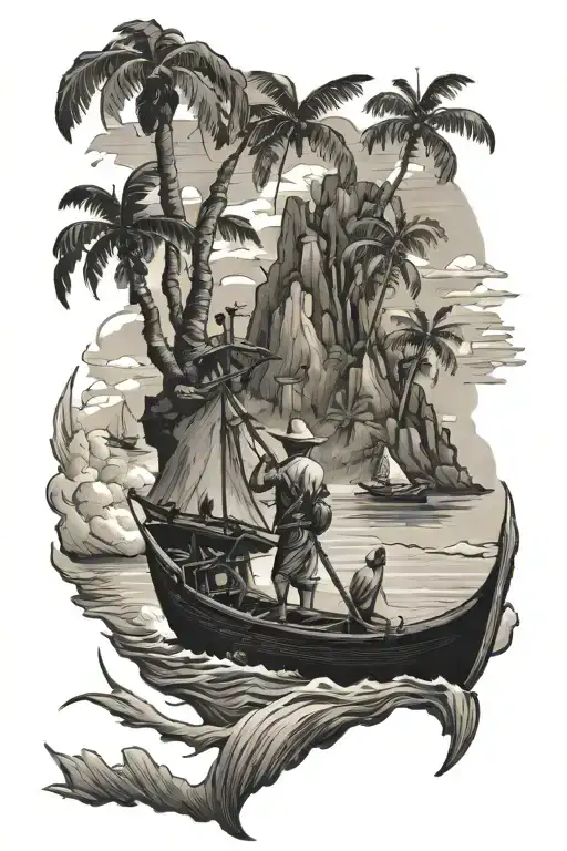Philippine island with man fishing boat tattoo design idea
