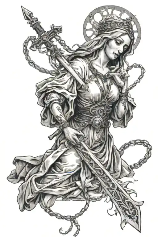 full-length murderous virgin carrying a dagger entangled in a rosary with only her eyes and eyebrows exposed tattoo design idea