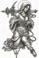 full-length murderous virgin carrying a dagger entangled in a rosary with only her eyes and eyebrows exposed tattoo design idea