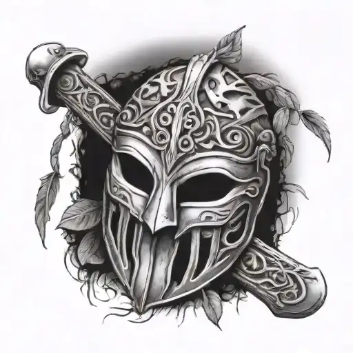discarded gladiator movie mask resting at the base of a weeping willow tree with a roman sword  tattoo design idea