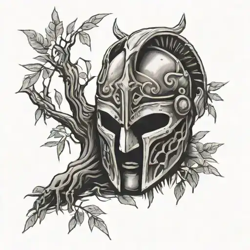 discarded gladiator mask resting at thr base of a willow tree tattoo design idea