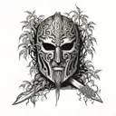 discarded gladiator movie mask resting at the base of a weeping willow tree with a roman sword on a grave tattoo design idea