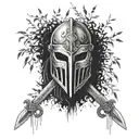 discarded gladiator movie mask resting at the base of a weeping willow tree with a roman sword on a grave tattoo design idea