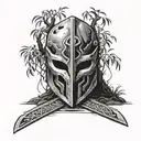 discarded gladiator movie mask resting at the base of a weeping willow tree with a roman sword on a grave tattoo design idea