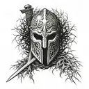 discarded gladiator movie mask resting at the base of a weeping willow tree with a roman sword on a grave tattoo design idea