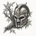 discarded gladiator mask resting at thr base of a willow tree tattoo design idea