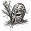 discarded gladiator mask resting at thr base of a willow tree tattoo design idea