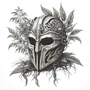 discarded gladiator mask resting at thr base of a willow tree tattoo design idea