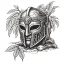 discarded gladiator mask resting at thr base of a willow tree tattoo design idea