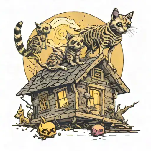 skeleton on the roof watching the full moon. two kittens besides it. beneath is a pile of skeletons trying to catch it tattoo design idea