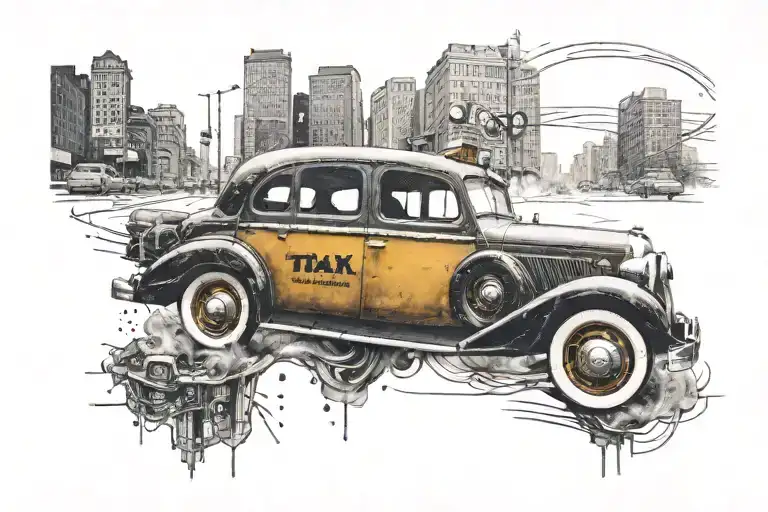 front left profile taxi cab driving towards tattoo design idea