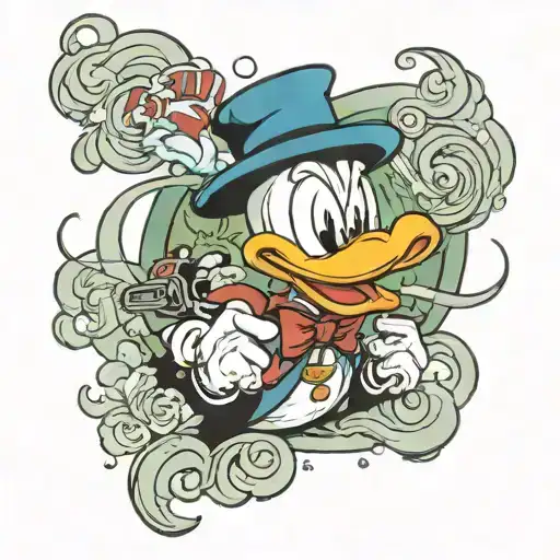 gangster Donald Duck in Gucci and smoke swirling tattoo design idea