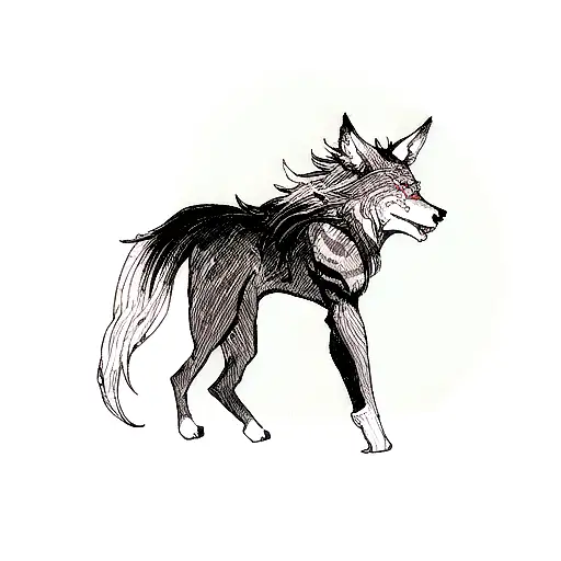 A tattoo design of a lone wolf howling at the moon with musical notes incorporated in the background tattoo design idea