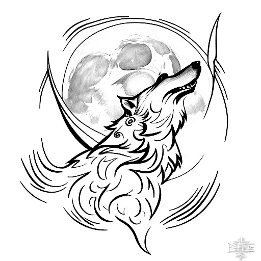 A tattoo design of a lone wolf howling at the moon with musical notes incorporated in the background tattoo design idea