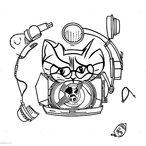 A tattoo design of a cat wearing headphones, surrounded by film reels and popcorn tattoo design idea