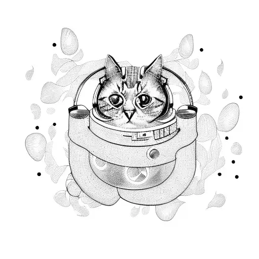 A tattoo design of a cat wearing headphones, surrounded by film reels and popcorn tattoo design idea