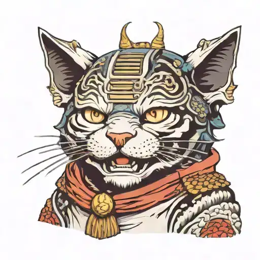 a cat from the front, smiling with a samurai helmet. in Japanese art style. tattoo design idea