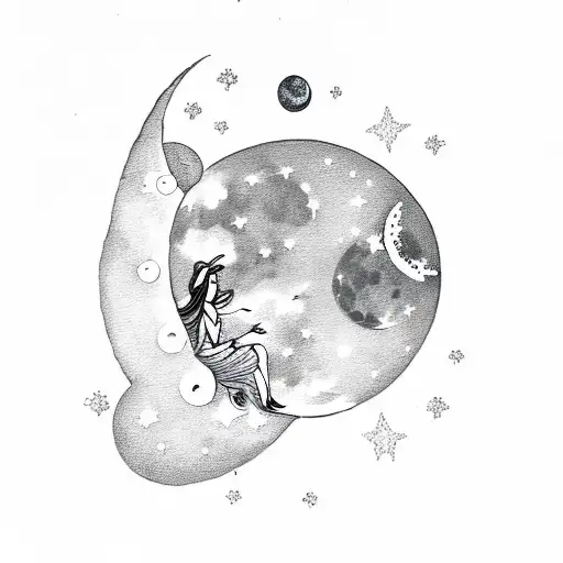 feminine moon with a fairy, clouds, sparkles tattoo design idea