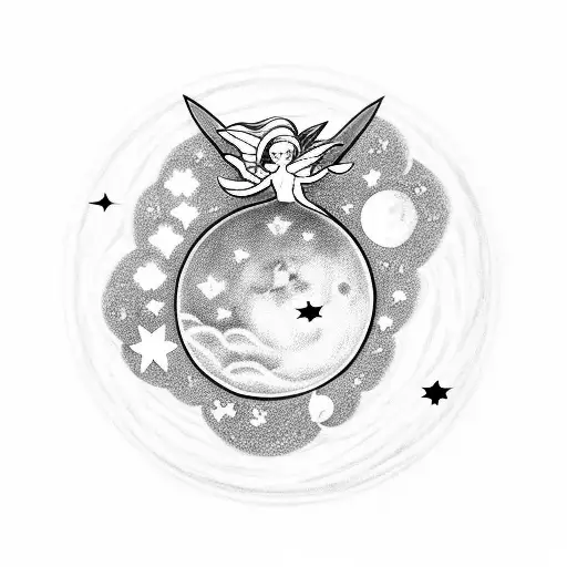 feminine moon with a fairy, clouds, sparkles tattoo design idea