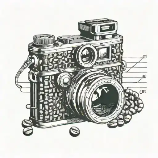 A vintage camera surrounded by binary code and coffee beans tattoo design idea