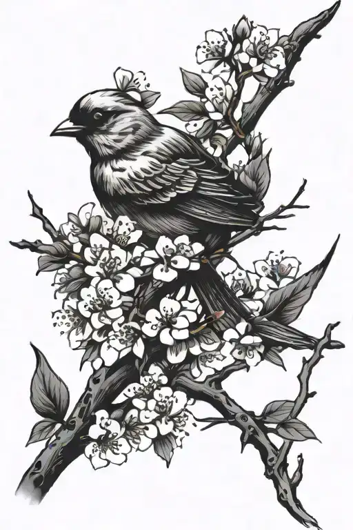 cherry blossom branches stretching tightly around a bird tattoo design idea
