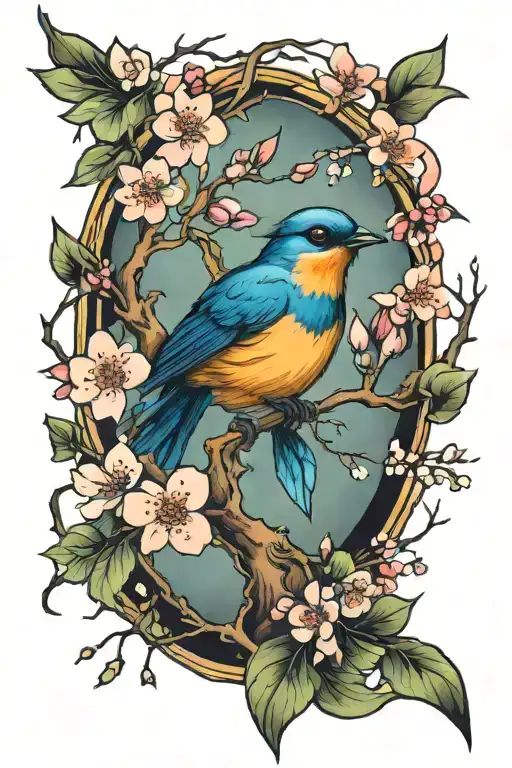 a bird trapped in cherry blossom branches tattoo design idea